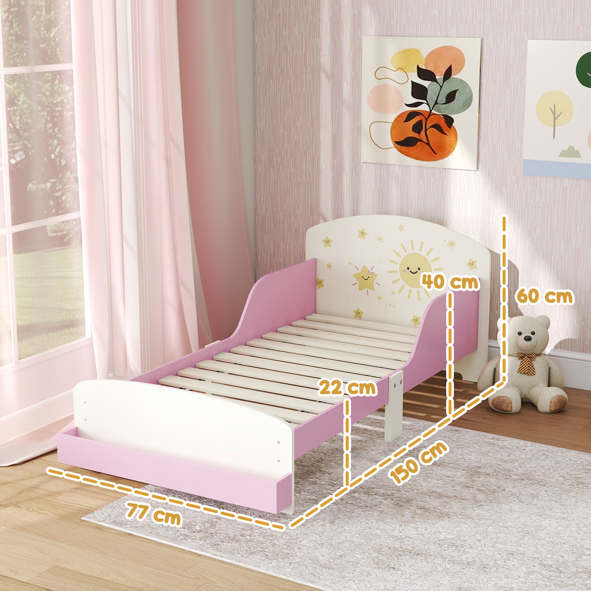 Children's Bed for 3-8 Years Old, Low, Wooden, with Storage Space and Side Rails, 150x77x60 cm, Pink