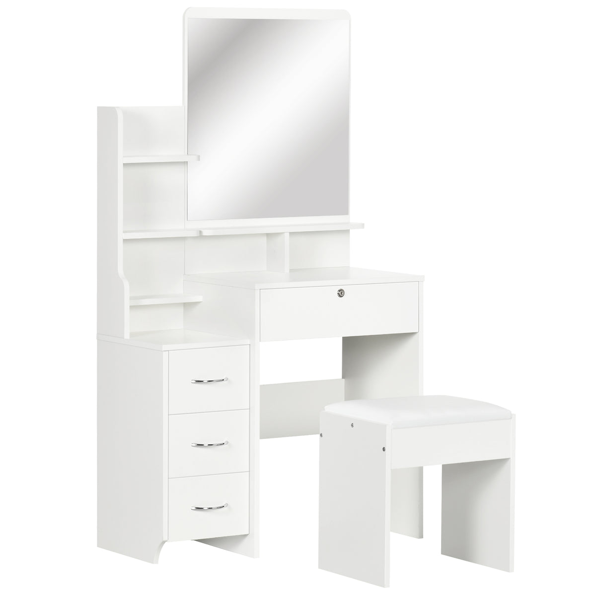 Dressing Table with Mirror, Dressing Table, Stool, 4 Drawers and 4 Shelves, White