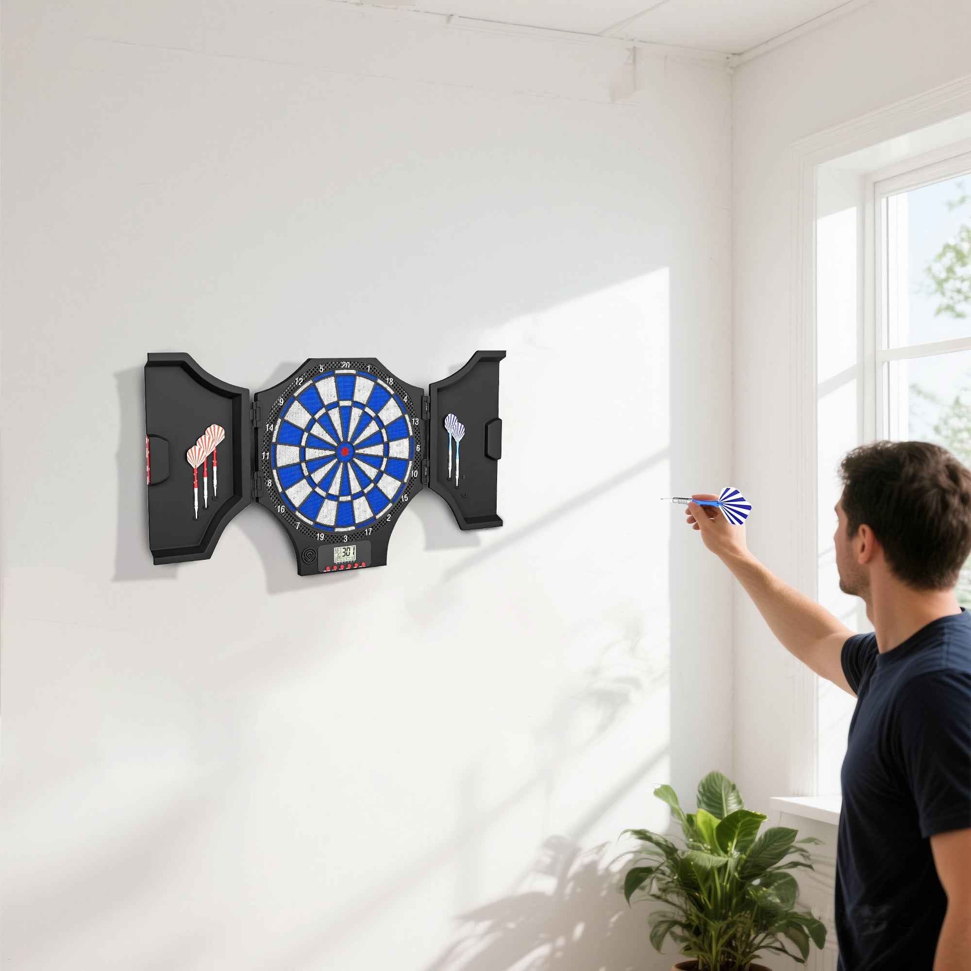 SPORTNOW Electronic Dartboard with 6 Darts and LCD Monitor for 31 Games, 83x45x4 cm, Black and Blue