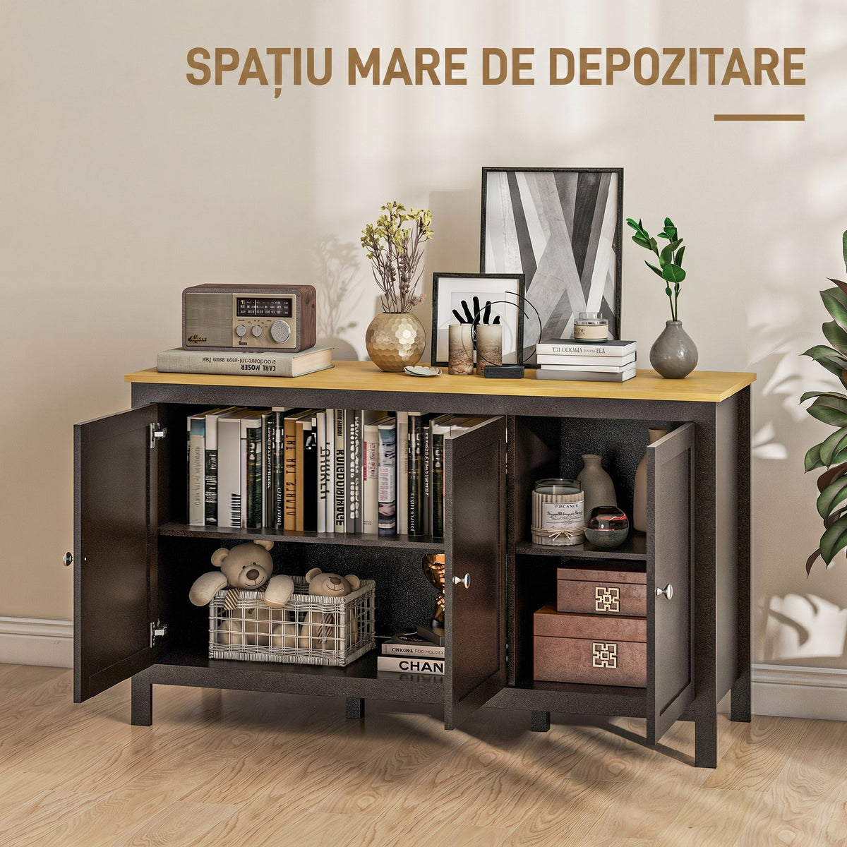 HOMCOM Storage Unit with 2 Cabinets and 2 Adjustable Shelves at 3 Heights, 120x40x70 cm, Black and Wood Color