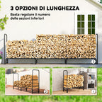 1m³ Adjustable Firewood Rack with Waterproof PE Tarpaulin, Metal, 300x36x99cm, Black and Dark Green