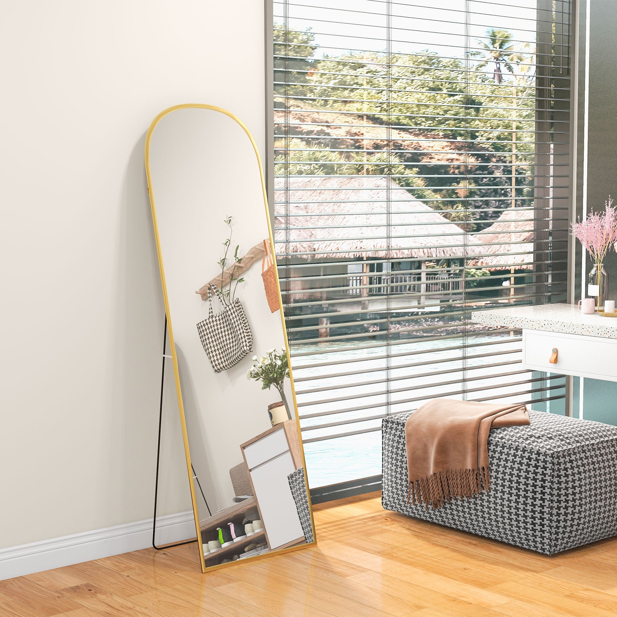 Modern Aluminum Alloy Floor and Wall Mirror with Folding Stand, 50x170cm, Gold