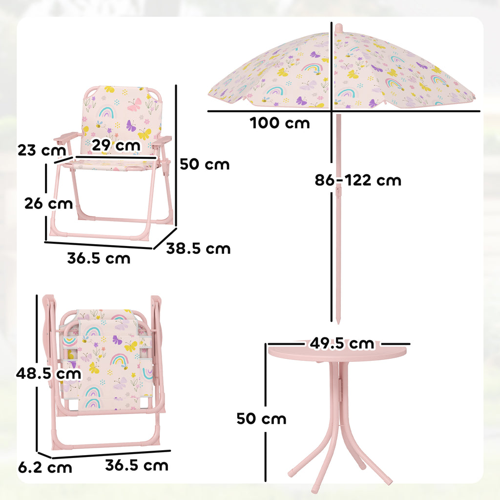 Garden Set for Children 2-5 Years with Round Table, 2 Folding Chairs and a Umbrella, Pink
