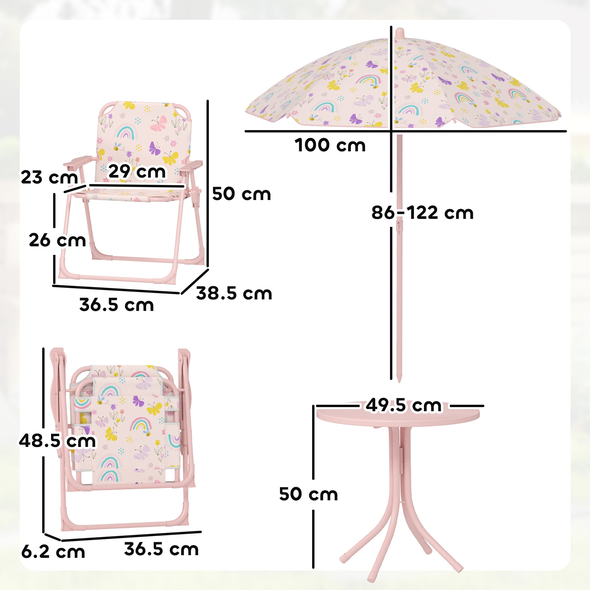 Garden Set for Children 2-5 Years with Round Table, 2 Folding Chairs and a Umbrella, Pink