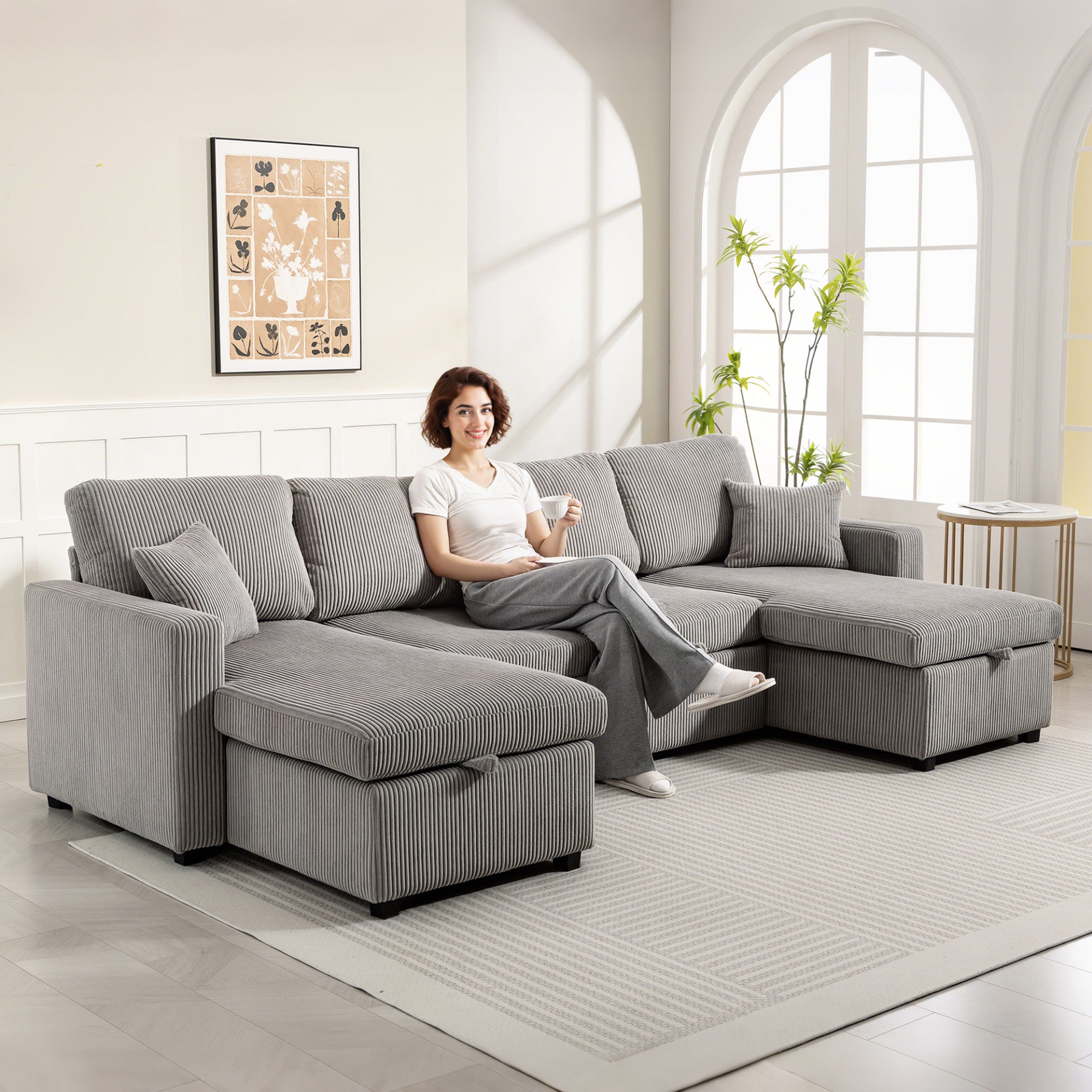 Modern U-Shaped Sofa Bed with 2 Chaise Longues and Storage Compartments, Corduroy, 282x140x86 cm, Grey