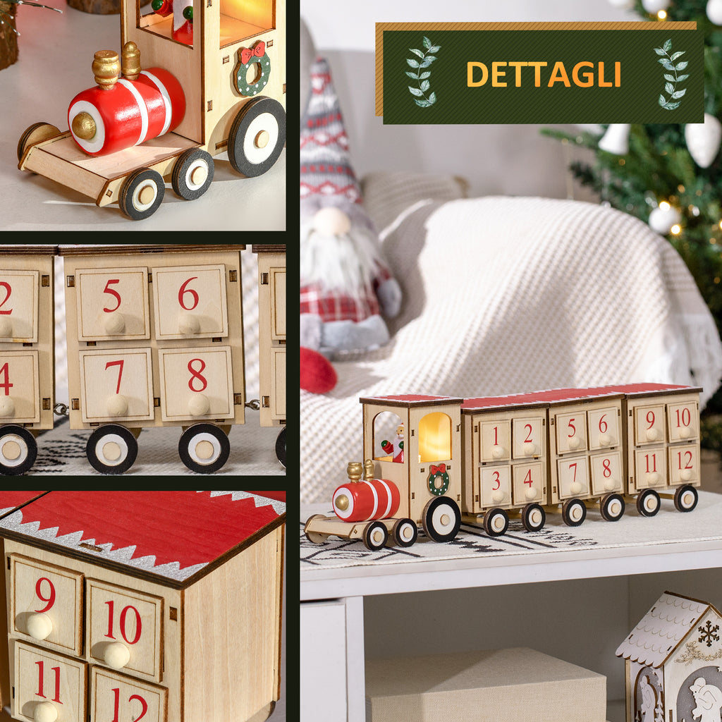 Christmas Advent Calendar Train with Santa Claus and LED Light Included, Plywood, 40x8x11 cm