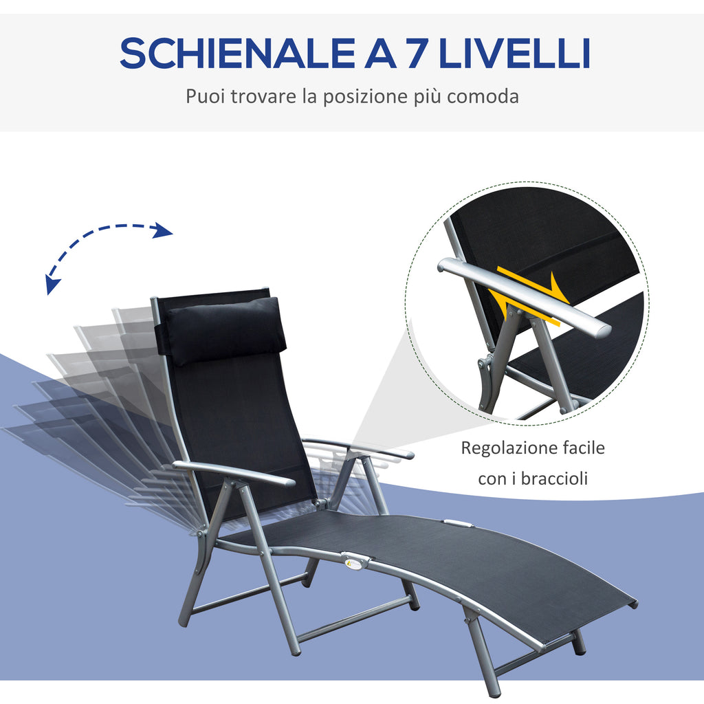 Outsunny Folding Garden Lounger with Cushion, 7-Reclining Backrest, 137x63.5x100.5cm, Black