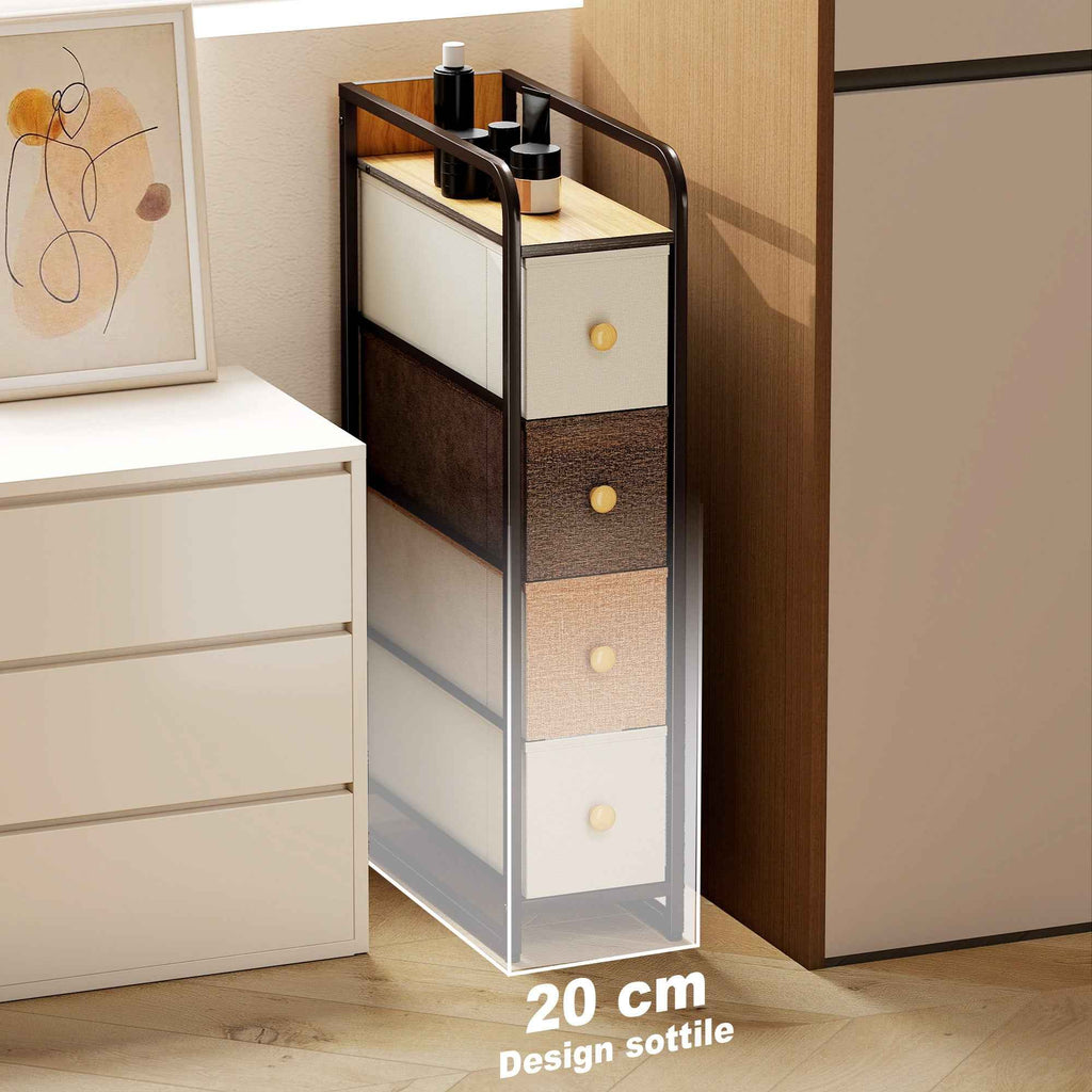 HOMCOM Space-Saving Chest of Drawers with 4 Folding Drawers in Fabric, Steel and Wood, 20x47x84.5 cm, Multicolor