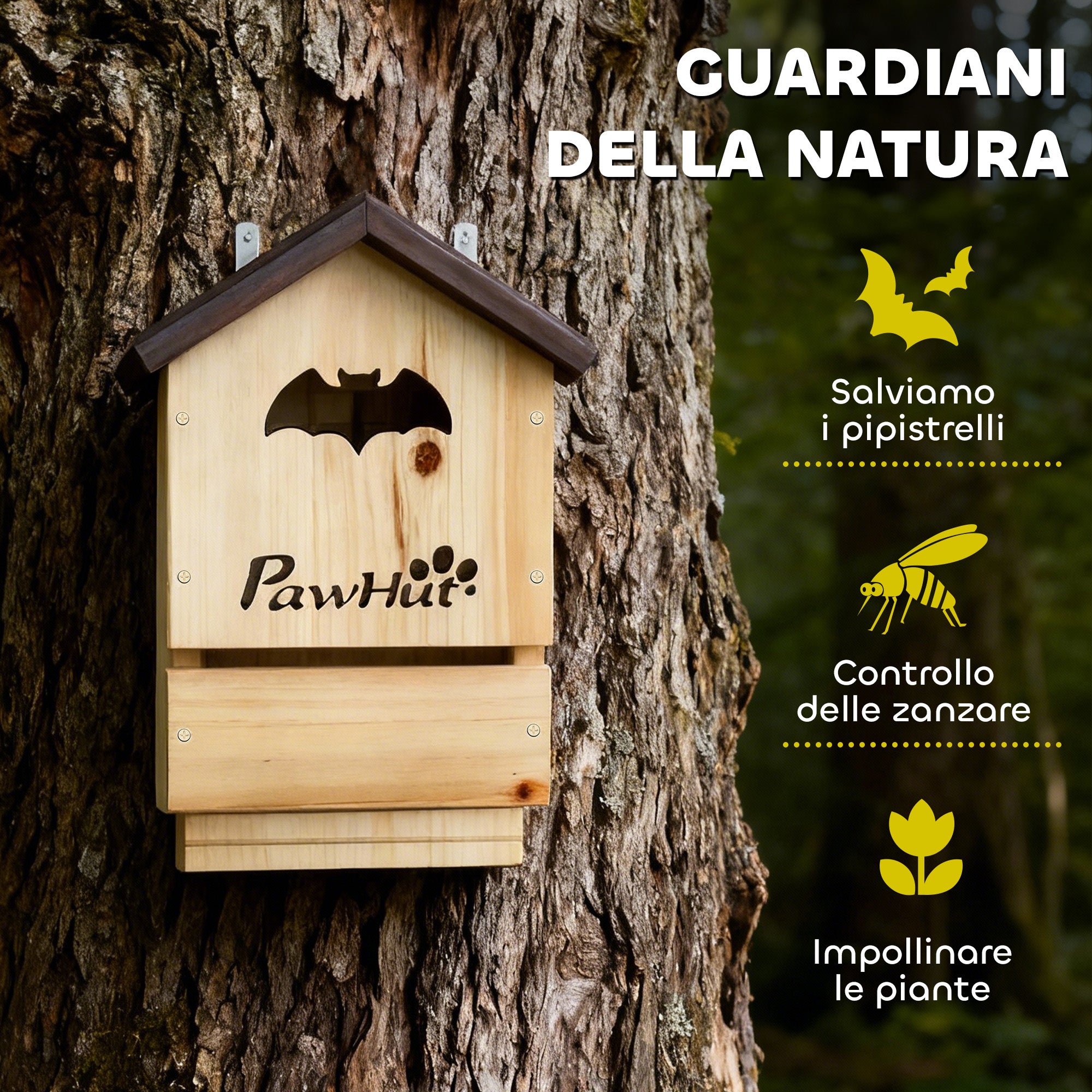 PawHut Set of 3 Fir Wood Bat Houses, 21.5x11.5x34 cm, Natural Wood