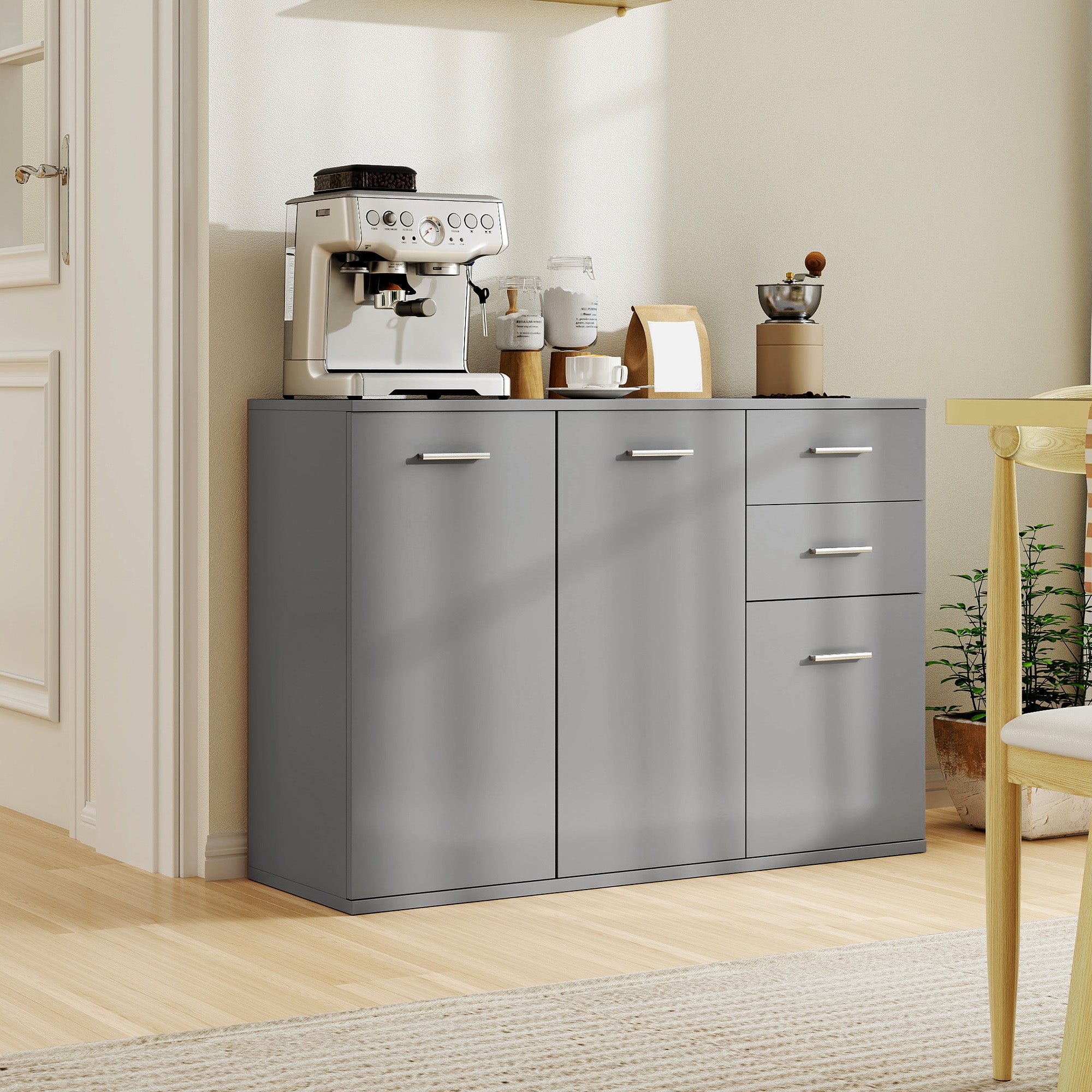 Modern Sideboard with 3 Cabinets and 2 Drawers, Wooden, 106x35x76 cm, Light Grey