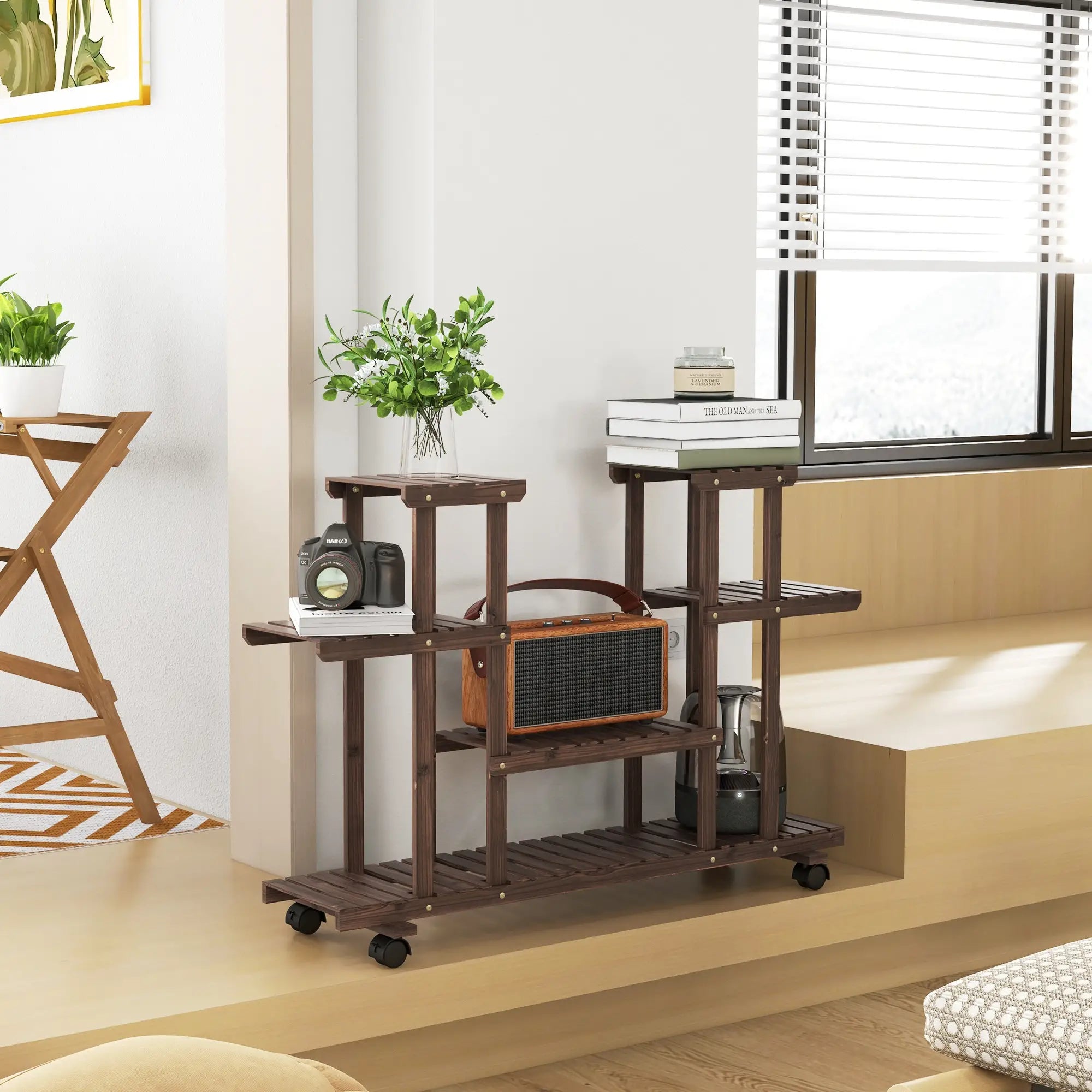 4-Tier Flower Rack, Indoor and Outdoor Wooden Planter with 4 Wheels, 123.5 x 33 x 80cm - Borge' Group Limited