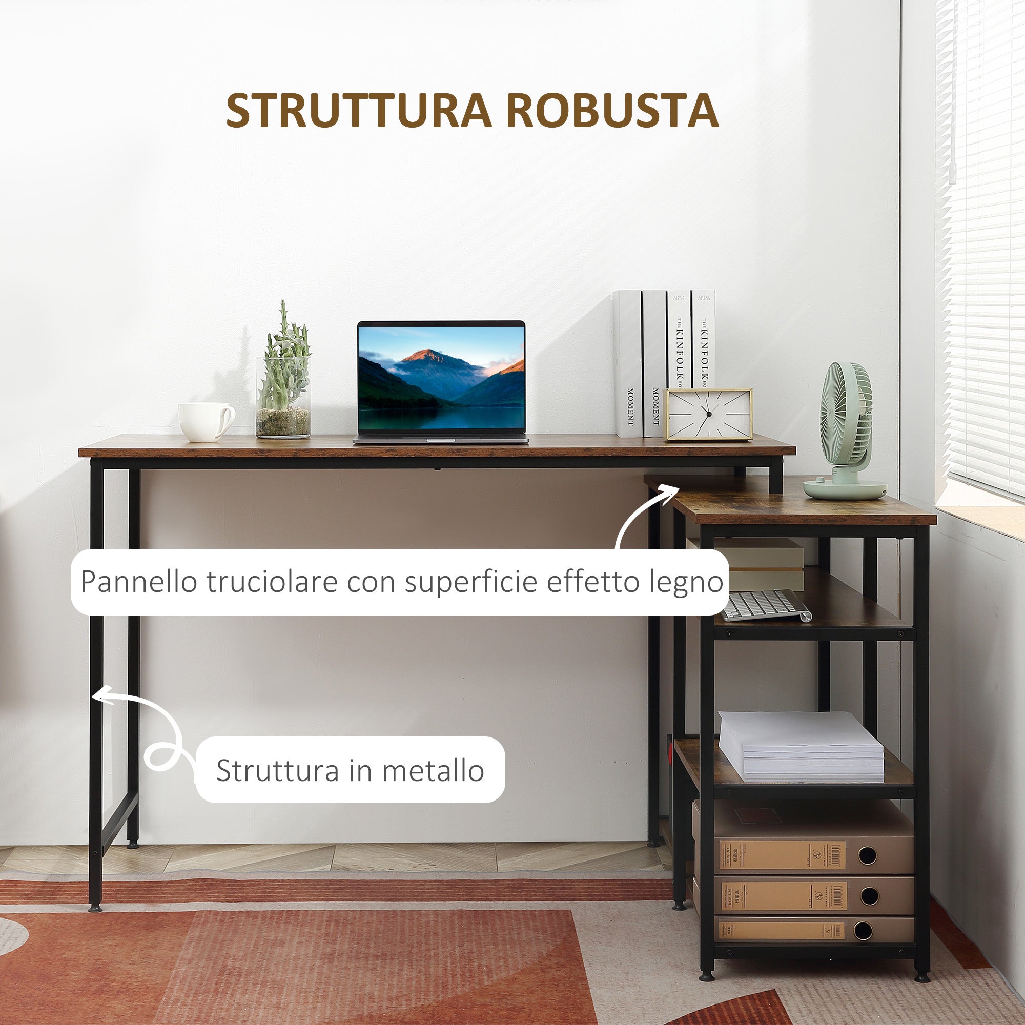 Industrial Corner Desk with 3-Tier Bookshelf, 135 x 90 x 79 cm, Brown and Black