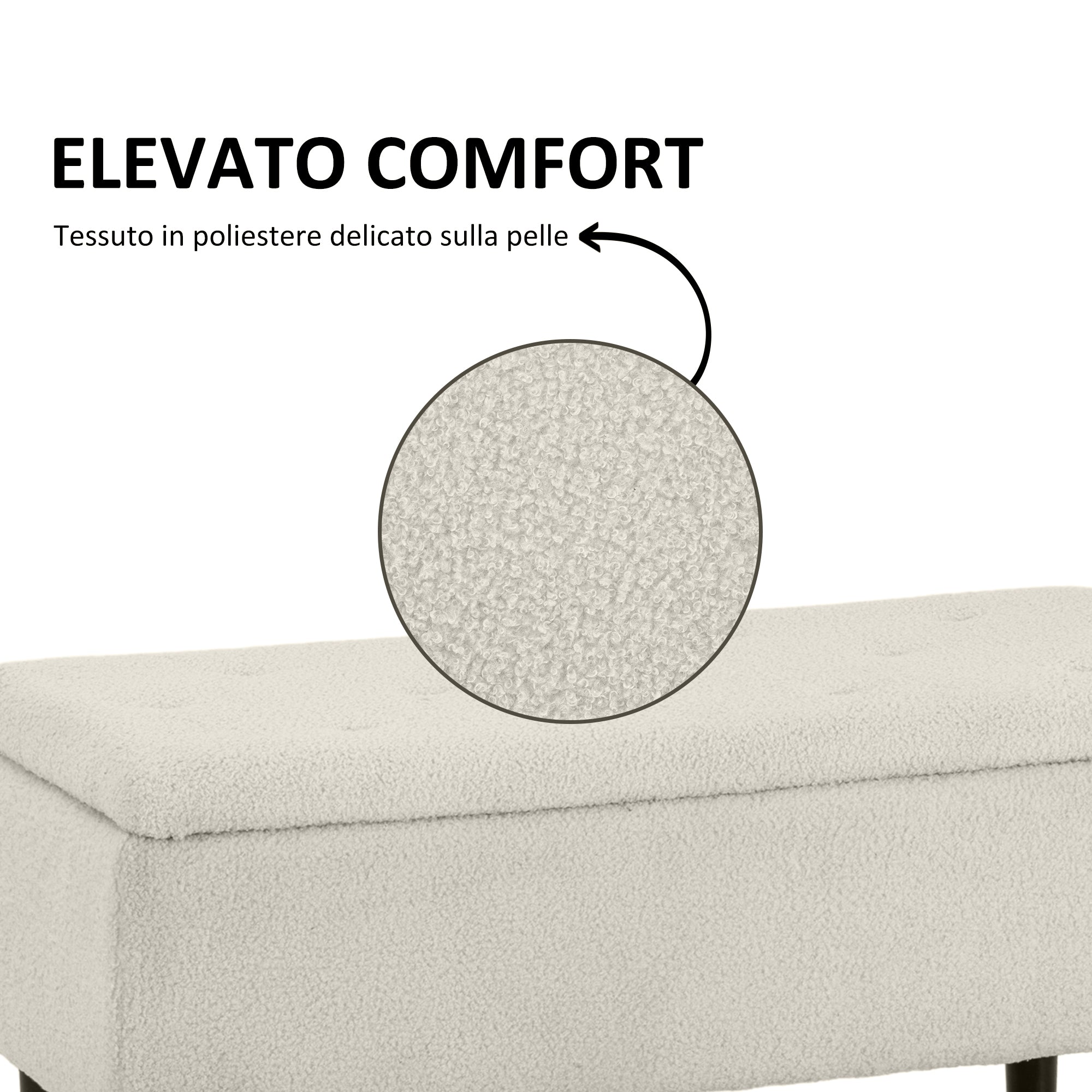 Ottoman Strange Bench with 47L Storage Compartment and Bouclé fluffy Covering, 95x38x45 cm, Beige - Borgè