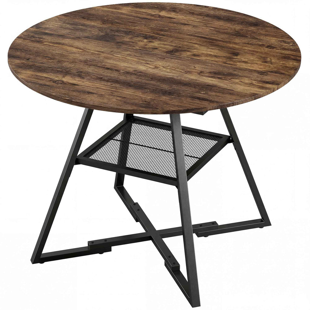 4-Seater Dining Table, 100cm Round, Industrial Kitchen, Storage Shelf, Rustic Brown.