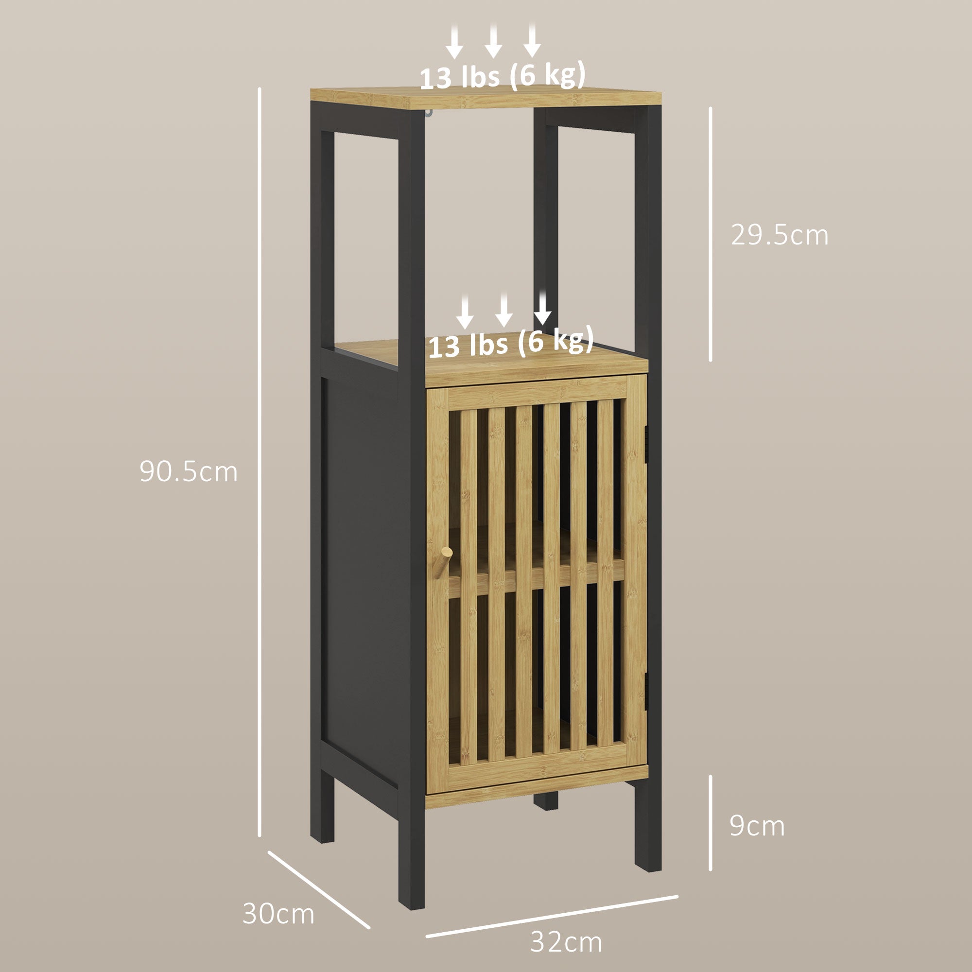 HOMCOM Bathroom Cabinet with Open Shelf and Cabinet, in MDF and Bamboo, 32x30x90.5 cm, Black and Wood Color - Borgè