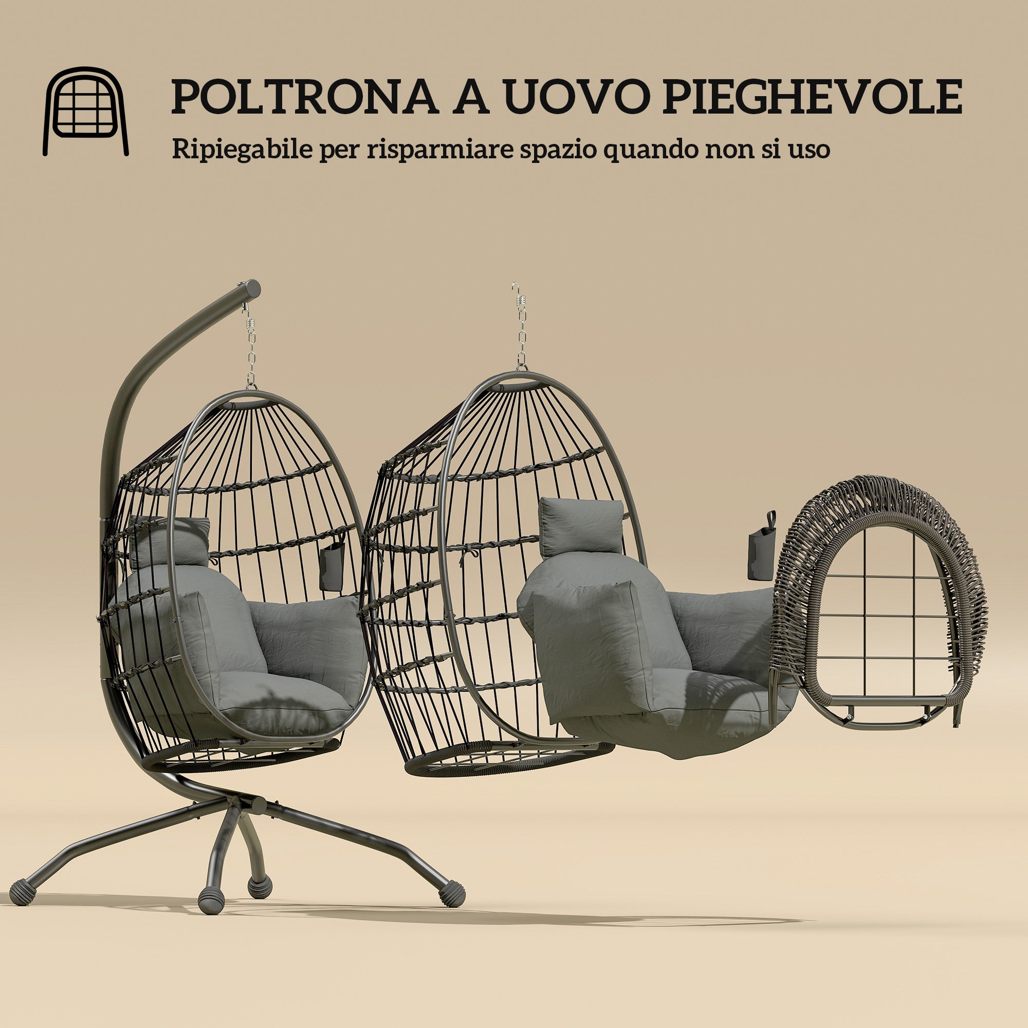 Hanging Egg Chair with Adjustable Hook, 2 Cushions and Basket, Steel, 120x88x192 cm, Black and Grey