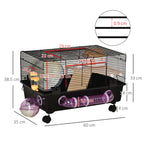 Hamster Cage with House, Tunnel and Wheel, Base with 4 Wheels, 60x35x38.5cm, Black and Brown - Borge' Group Limited