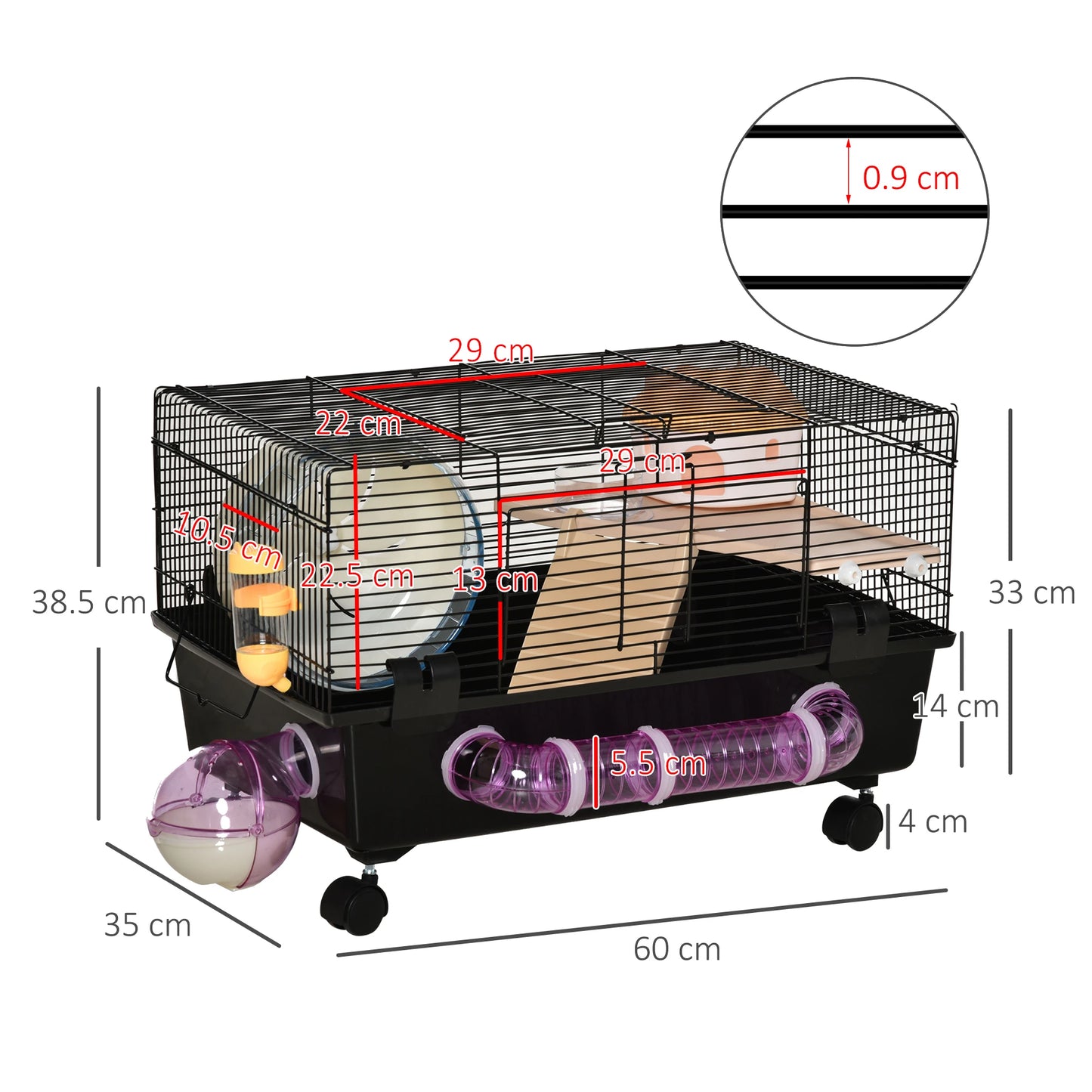 Hamster Cage with House, Tunnel and Wheel, Base with 4 Wheels, 60x35x38.5cm, Black and Brown