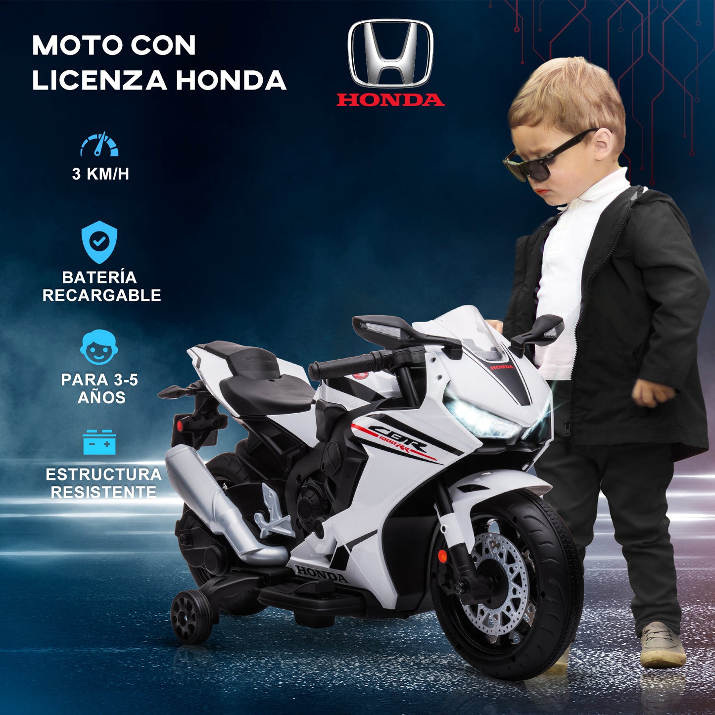 Electric Motorcycle for Children with HONDA License, Rechargeable 6V Battery, Speed 3km/h, White