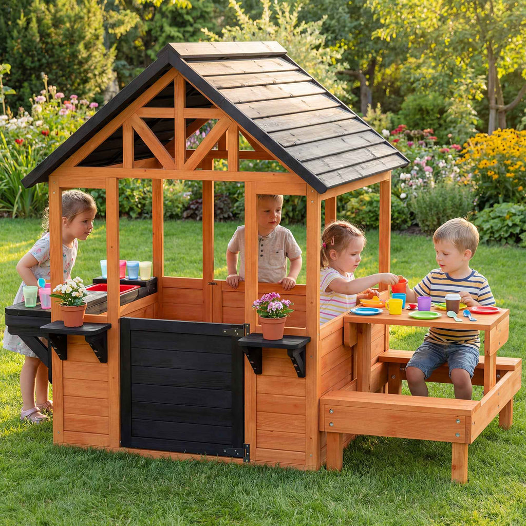 Wooden Playhouse, Indoor/Outdoor Playhouse for Children Ages 3-8 with Table and Benches, Brown
