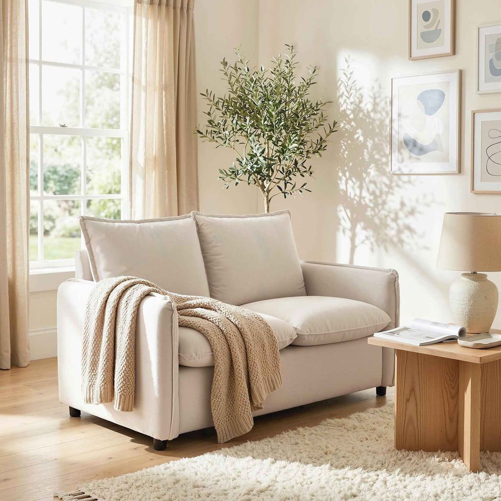 2-Seater Sofa with Breathable Leather Effect Fabric, Thick Padding, 2 Cushions, Armrests, for Living Room, Cream