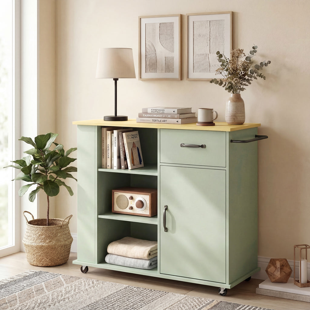 HOMCOM Kitchen Cabinet with Drawer, Cabinet and Adjustable Shelf, Light Green