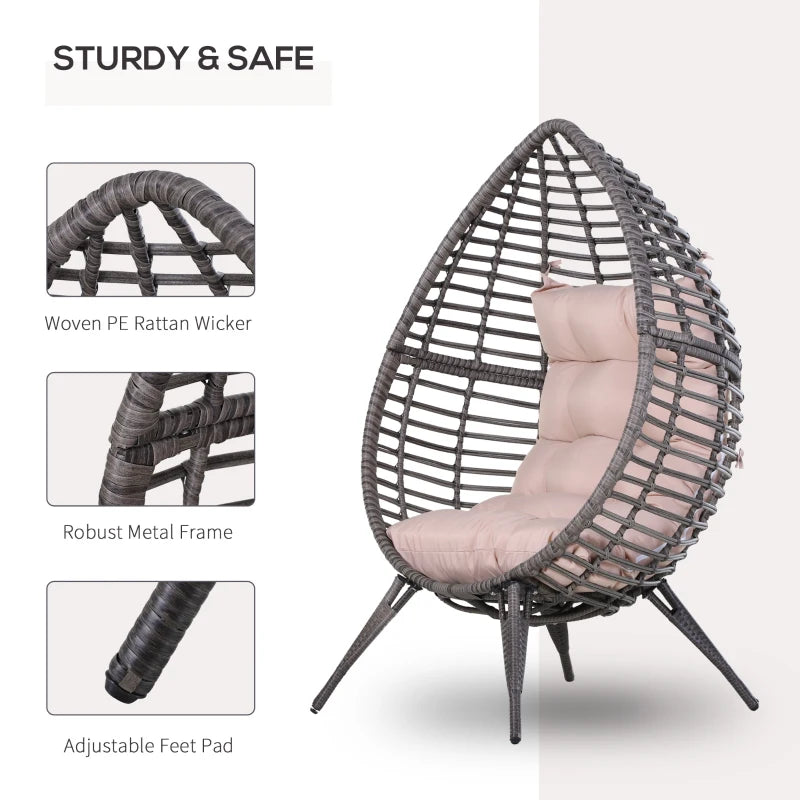 DROPPA | Boho Teardrop Rattan Outdoor Lounge Chair with Cushion, 101x89x156cm Grey and Beige - Borge' Group Limited