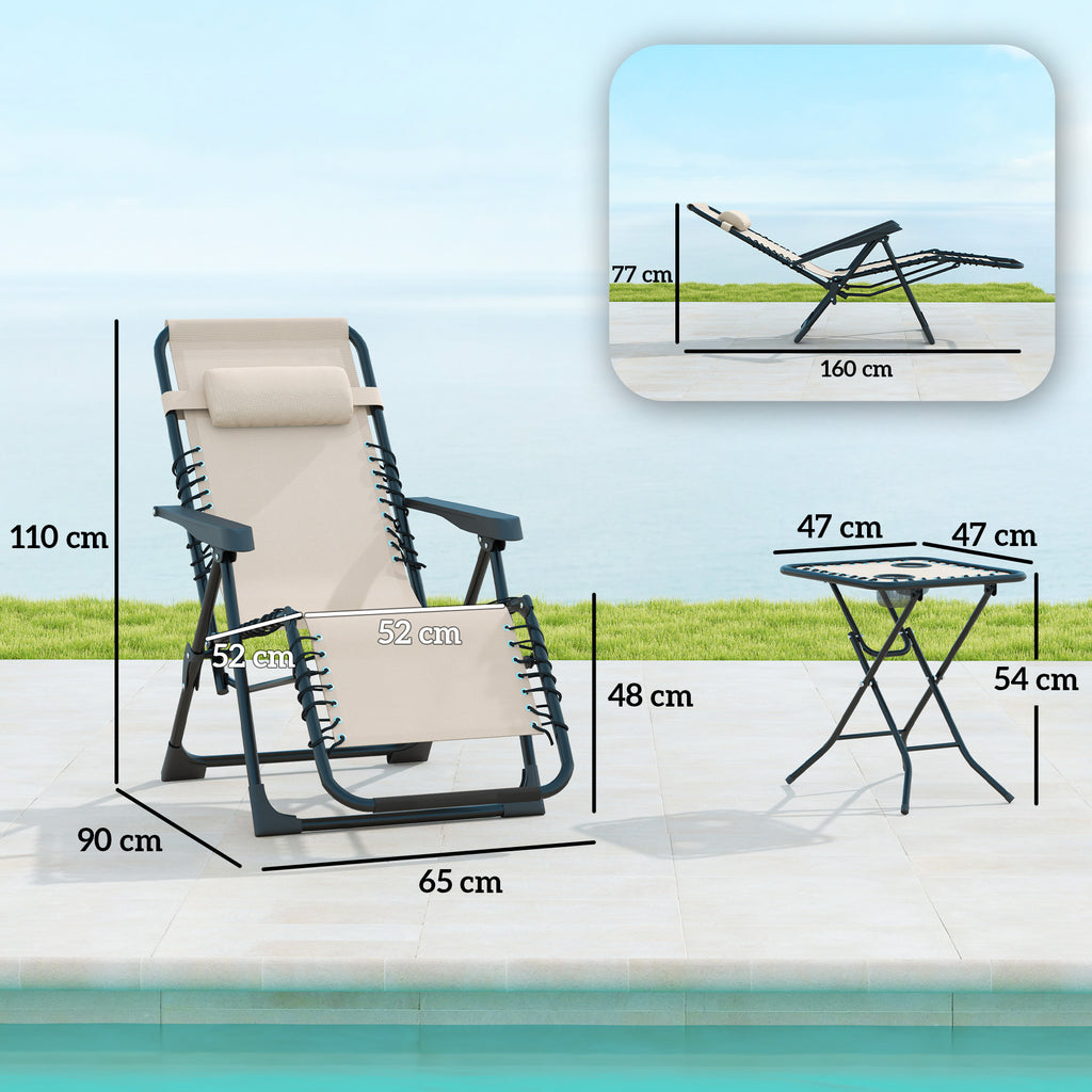Set of 2 Folding Zero Gravity Deck Chairs with Adjustable Backrest and Table, Beige