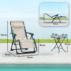 Set of 2 Folding Zero Gravity Deck Chairs with Adjustable Backrest and Table, Beige