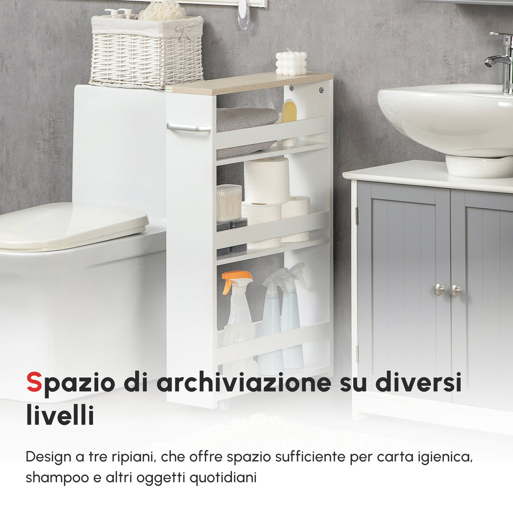 kleankin Space-Saving 3-Tier Bathroom Cart with Wheels and Wooden Handle, 48x15x80cm, White