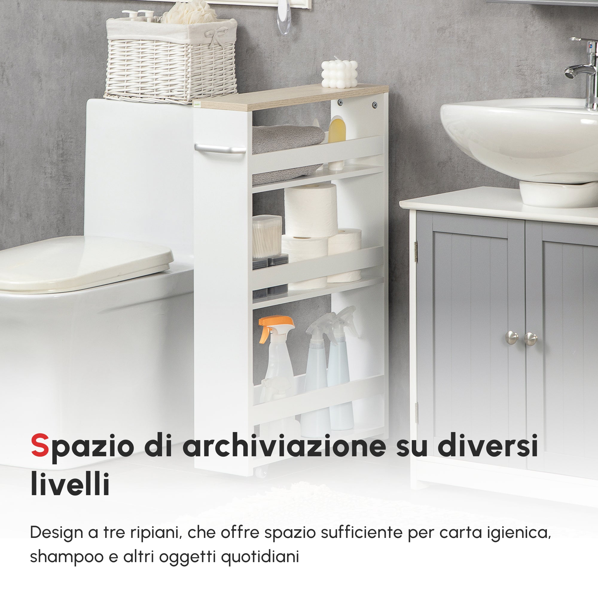 kleankin Space-Saving 3-Tier Bathroom Cart with Wheels and Wooden Handle, 48x15x80cm, White