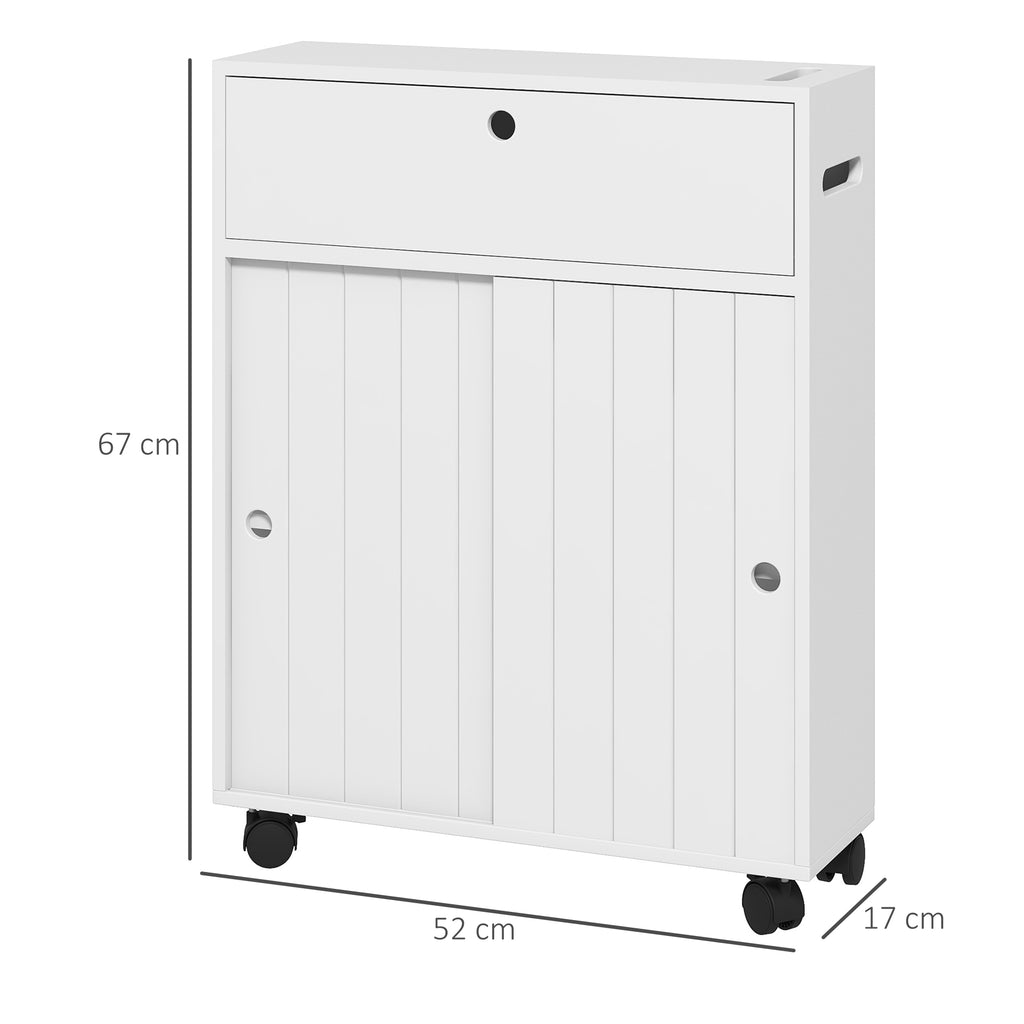 kleankin Narrow Bathroom Cabinet with Wheels, Sliding Doors, Adjustable Shelves and 2 Toilet Paper Holders, White