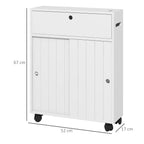 kleankin Narrow Bathroom Cabinet with Wheels, Sliding Doors, Adjustable Shelves and 2 Toilet Paper Holders, White