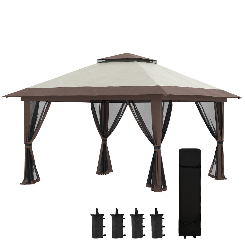 Outsunny 4x4m Adjustable Height Folding Gazebo with Mosquito Net and Bag, Metal and Oxford Fabric, Beige