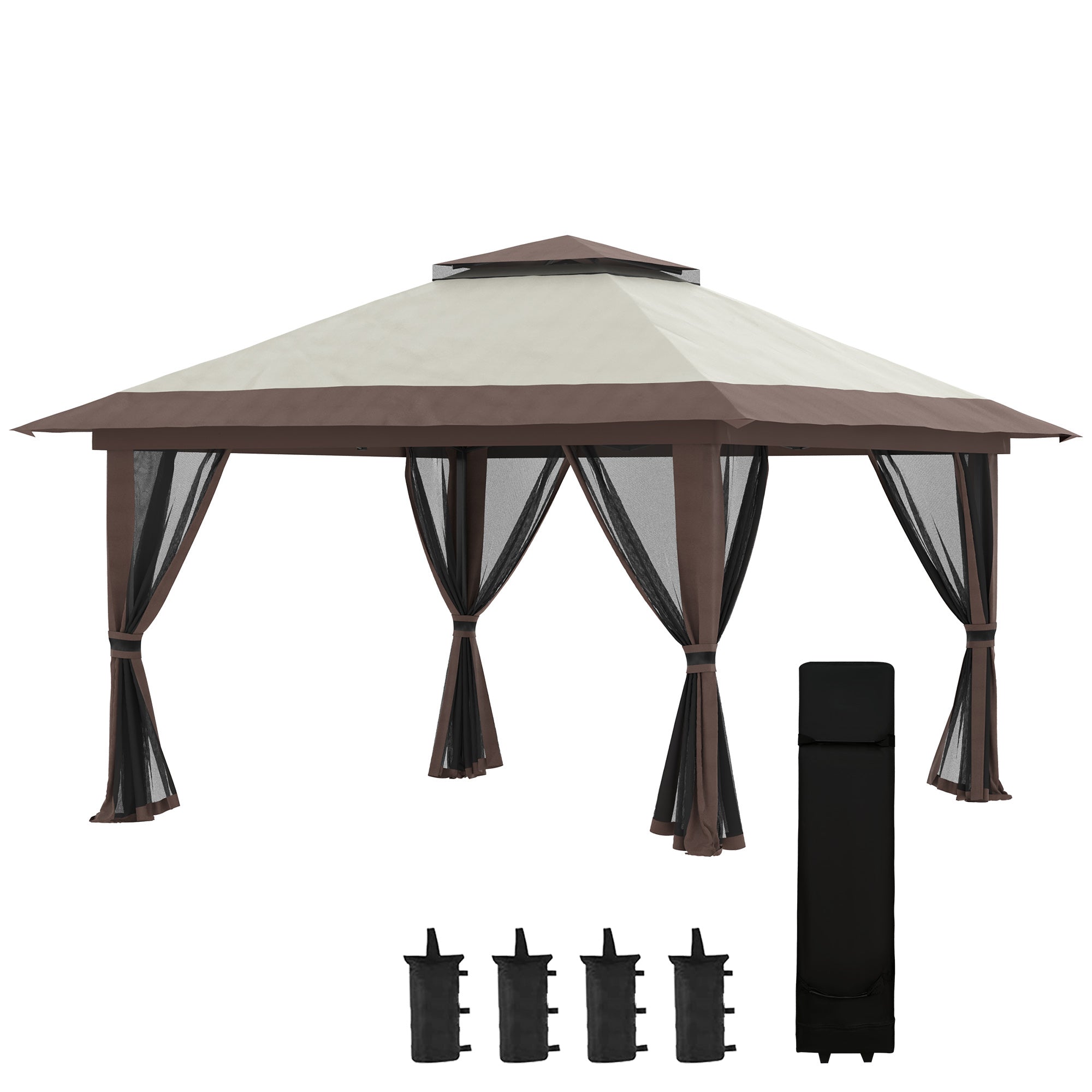 Outsunny 4x4m Adjustable Height Folding Gazebo with Mosquito Net and Bag, Metal and Oxford Fabric, Beige