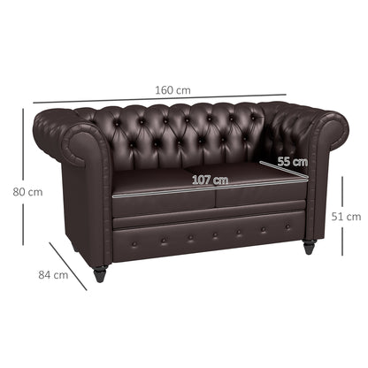 Homcom Chesterfield style 2 seater sofa with removable pillow, in ears, wood and metal, 160x84x80 cm, brown - Borgè