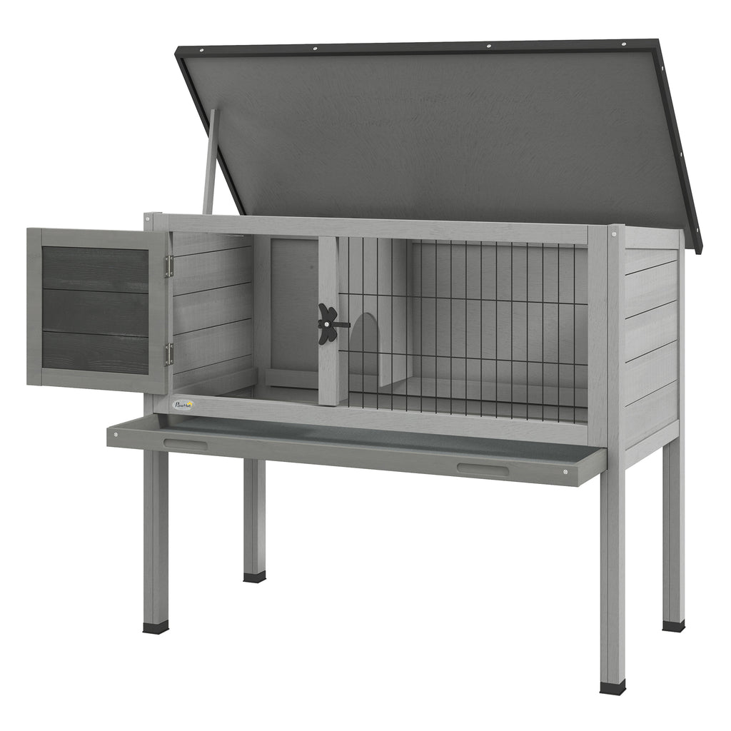 PawHut Outdoor Wooden Raised Hutch with Opening Roof and Removable Tray, 84x43x70cm, Gray - Borgè