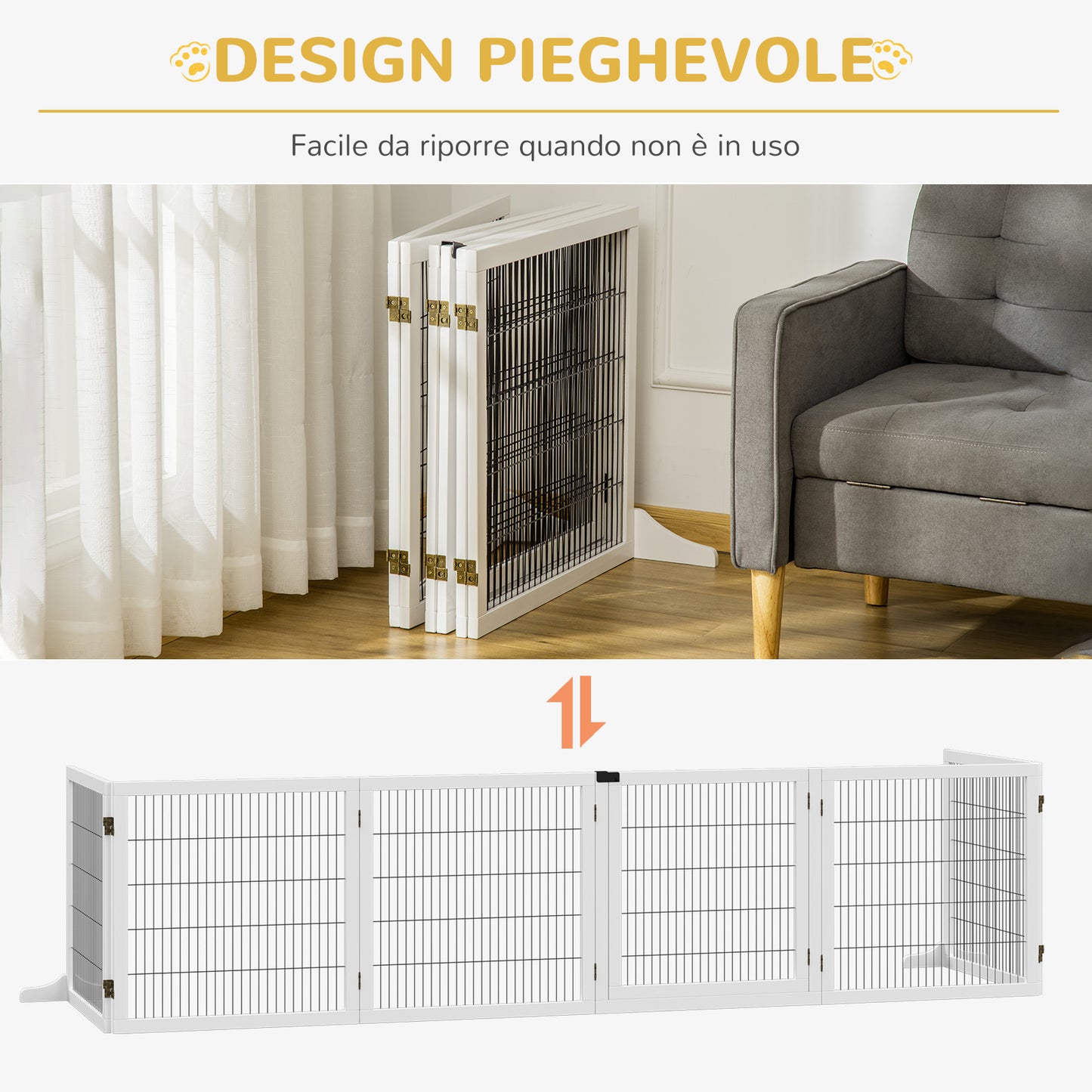 Gate for Small/Medium Size Dogs with 6 Folding Panels, in Wood and Steel, 432x36x70 cm, White