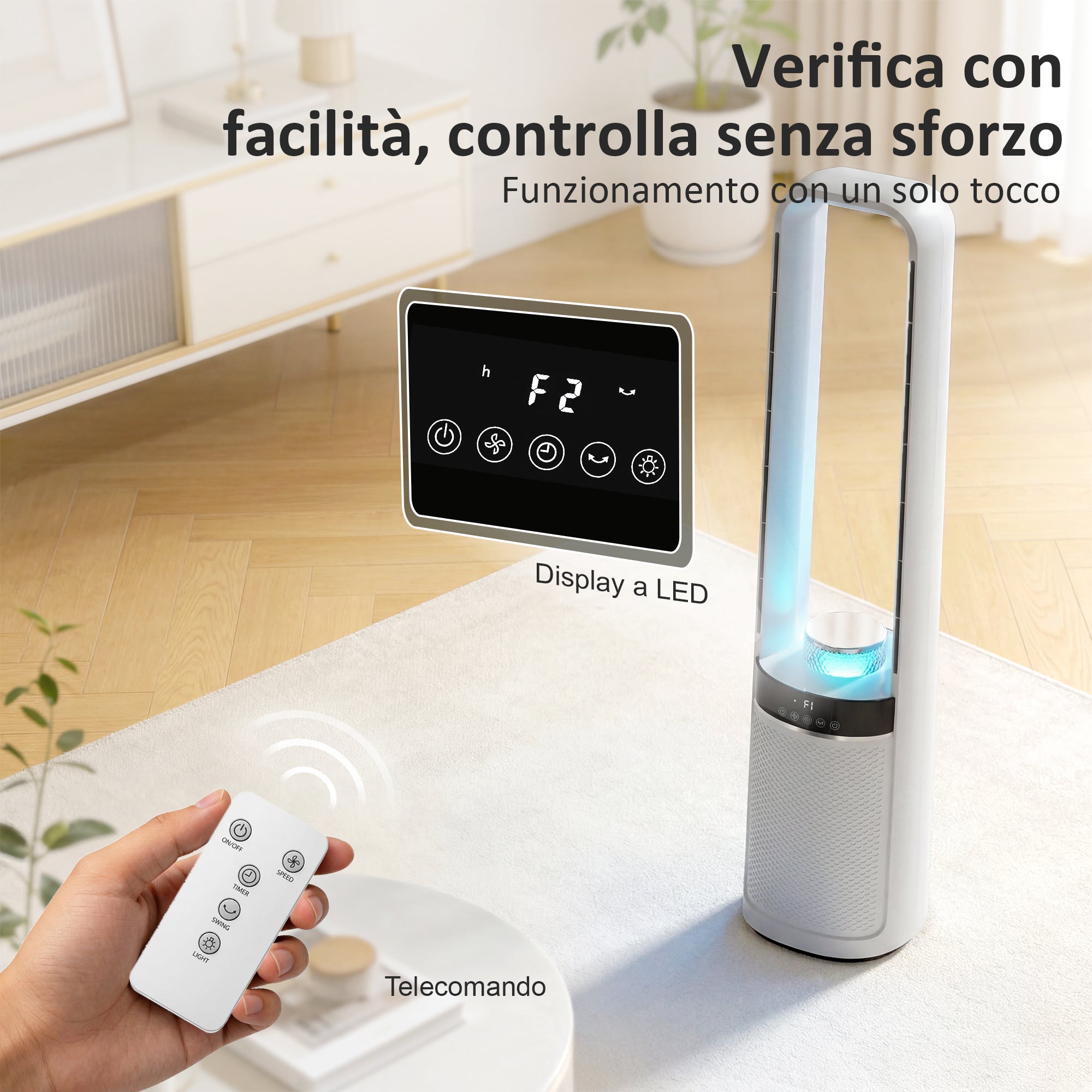 Bladeless Tower Fan, 36dB Quiet, 94cm, White, Bedroom