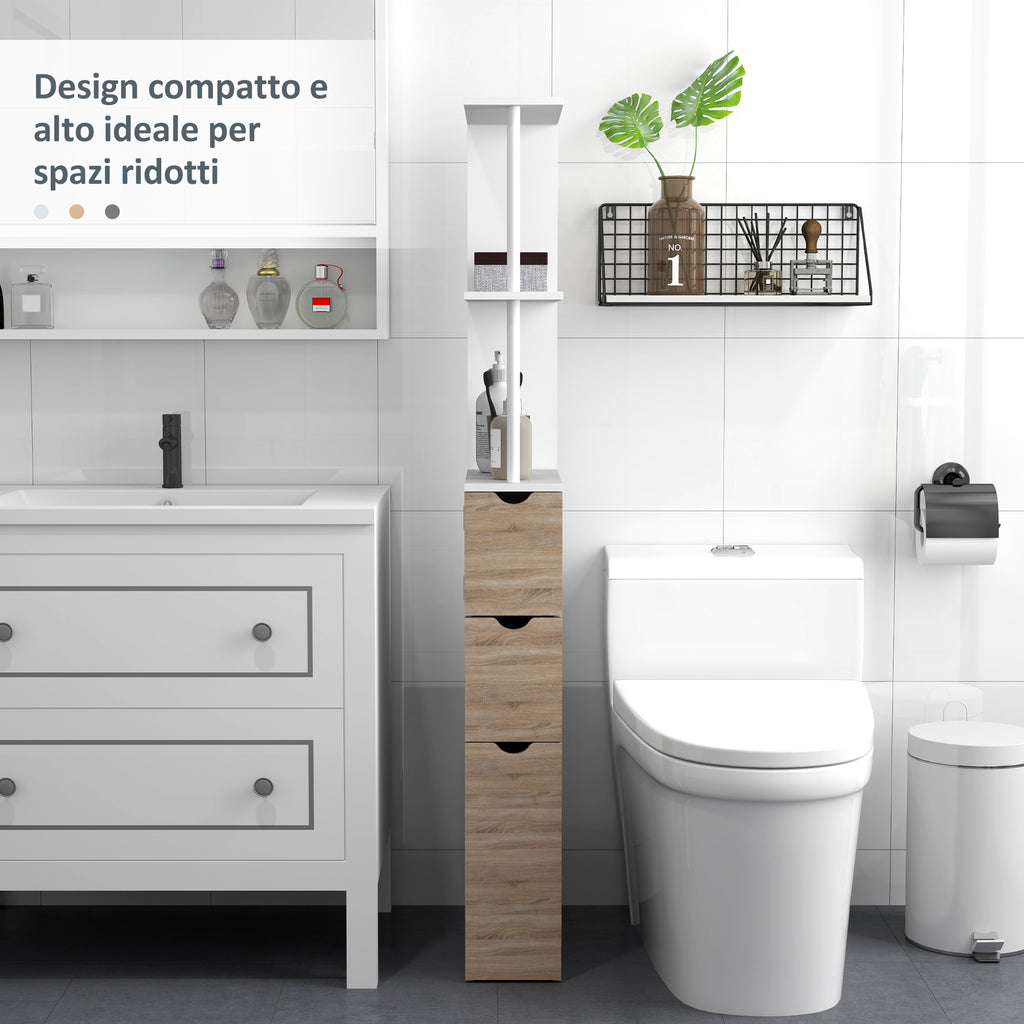 Space-saving bathroom column cabinet with cabinet, shelves and drawers, 15x33x136 cm, wood color