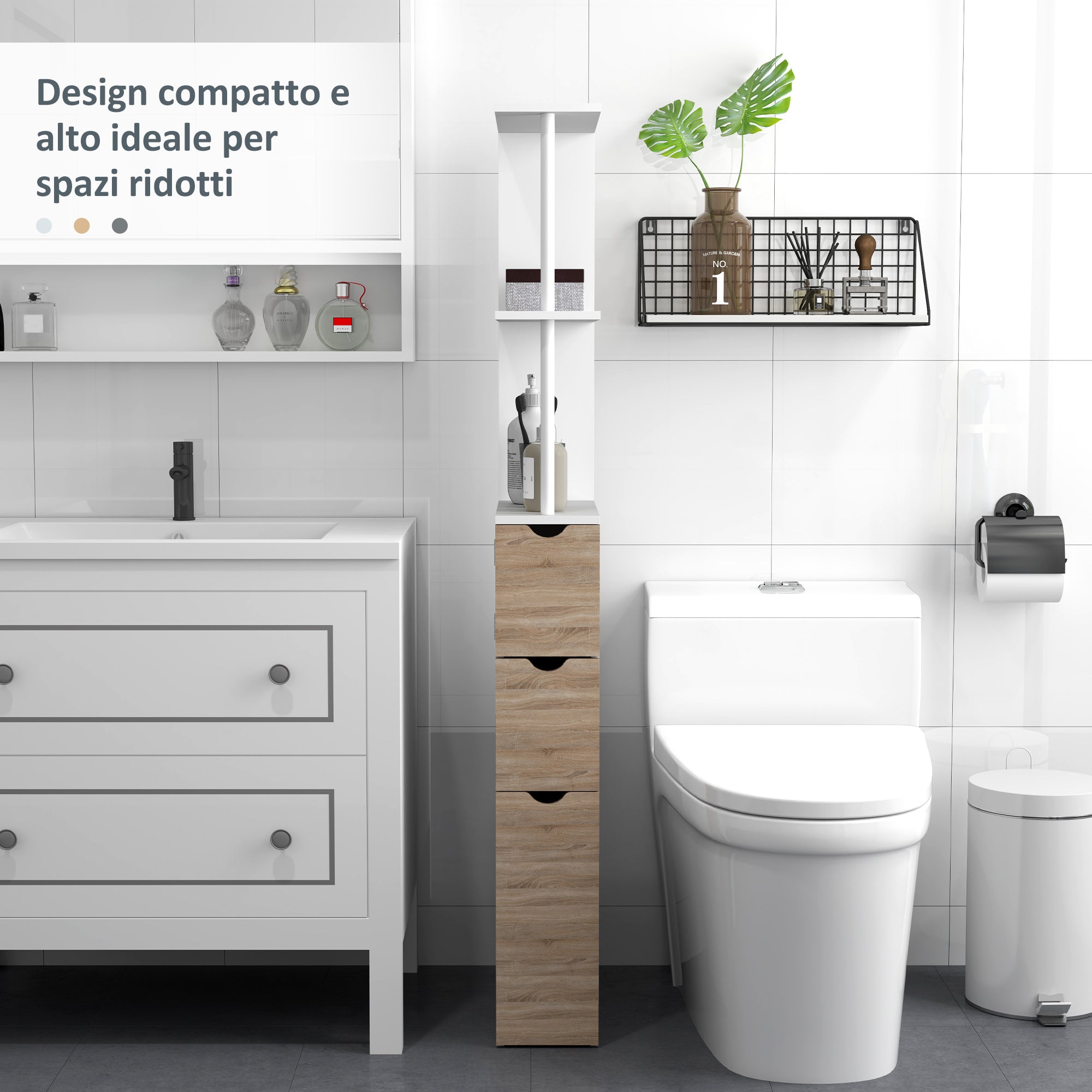 Space-saving bathroom column cabinet with cabinet, shelves and drawers, 15x33x136 cm, wood color