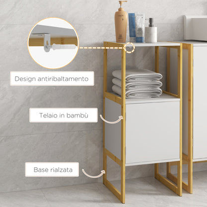 Bathroom Cabinet with Open Shelf and Door with Pressure Opening in Bamboo and MDF, 33x33x80cm, White