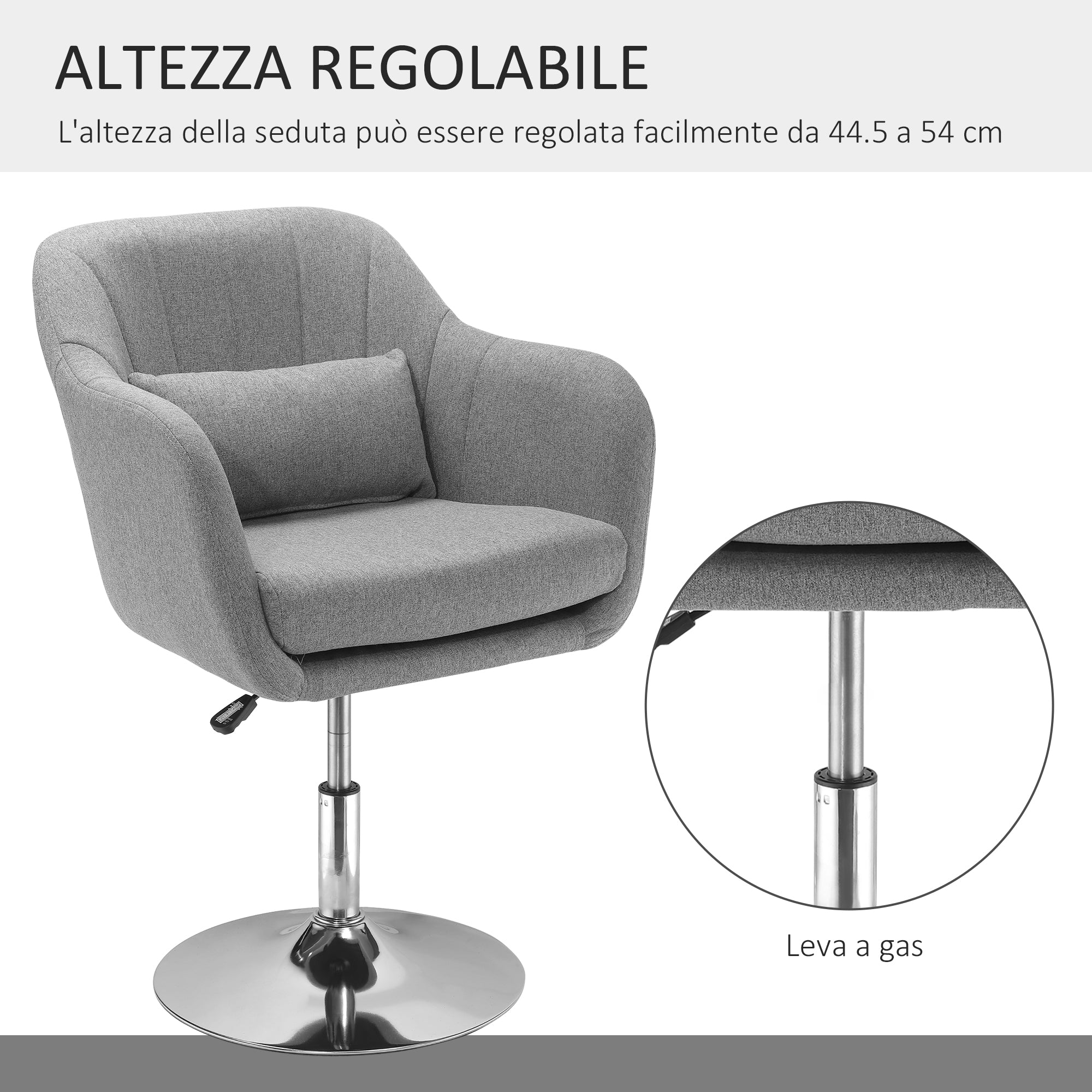 Swivel Chair with Adjustable Height, with Cushion, Lumbar Support and Armrest, 60x60x79-91 cm, Grey