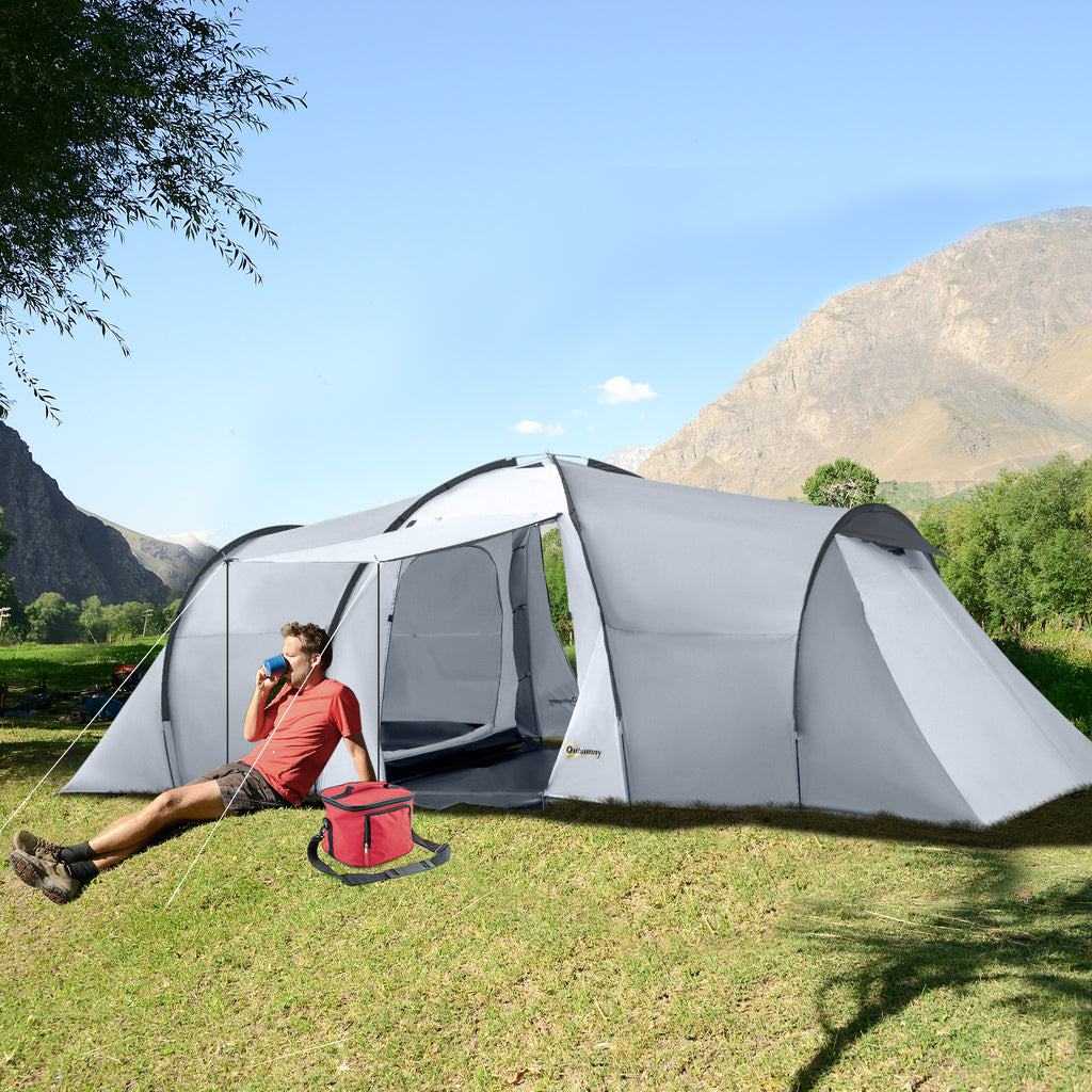 Outsunny camping tent 4-6 people with 2 rooms waterproof with canopy, 590x245x193cm, gray - Borgè