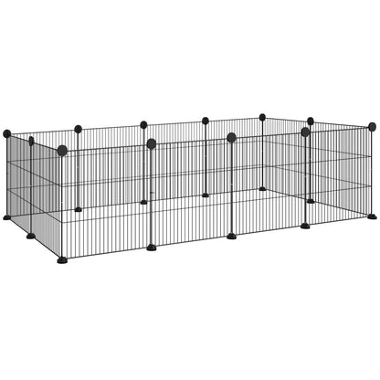 Modular Animal Run with 12 Panels 35x35 cm and Rounded Edges, Metal and ABS, 140x70x35 cm, Black