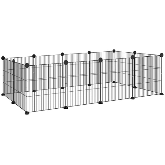 Modular Animal Run with 12 Panels 35x35 cm and Rounded Edges, Metal and ABS, 140x70x35 cm, Black