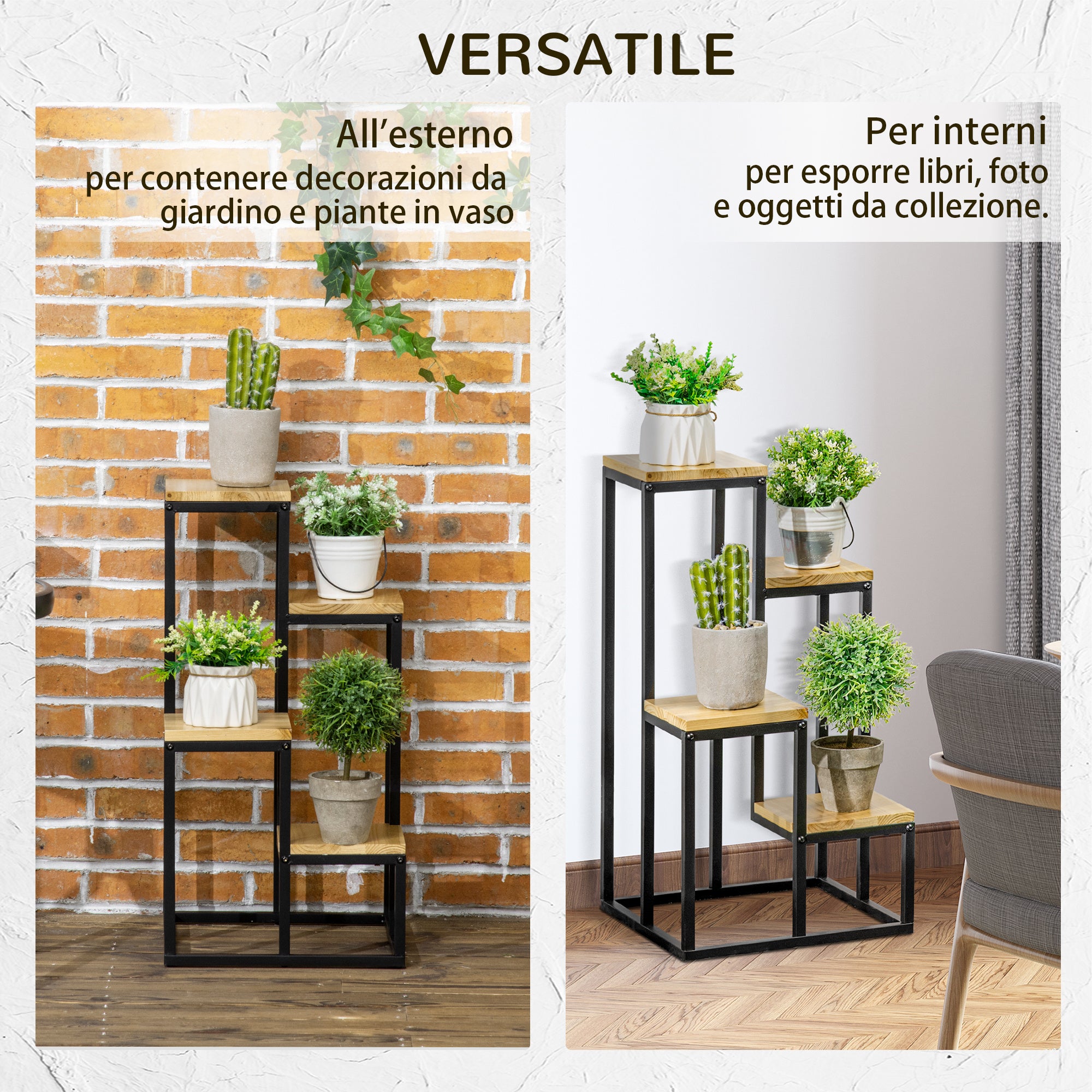4-Tier Metal and Wood Plant Shelf for Indoor and Outdoor, 34x34x66cm