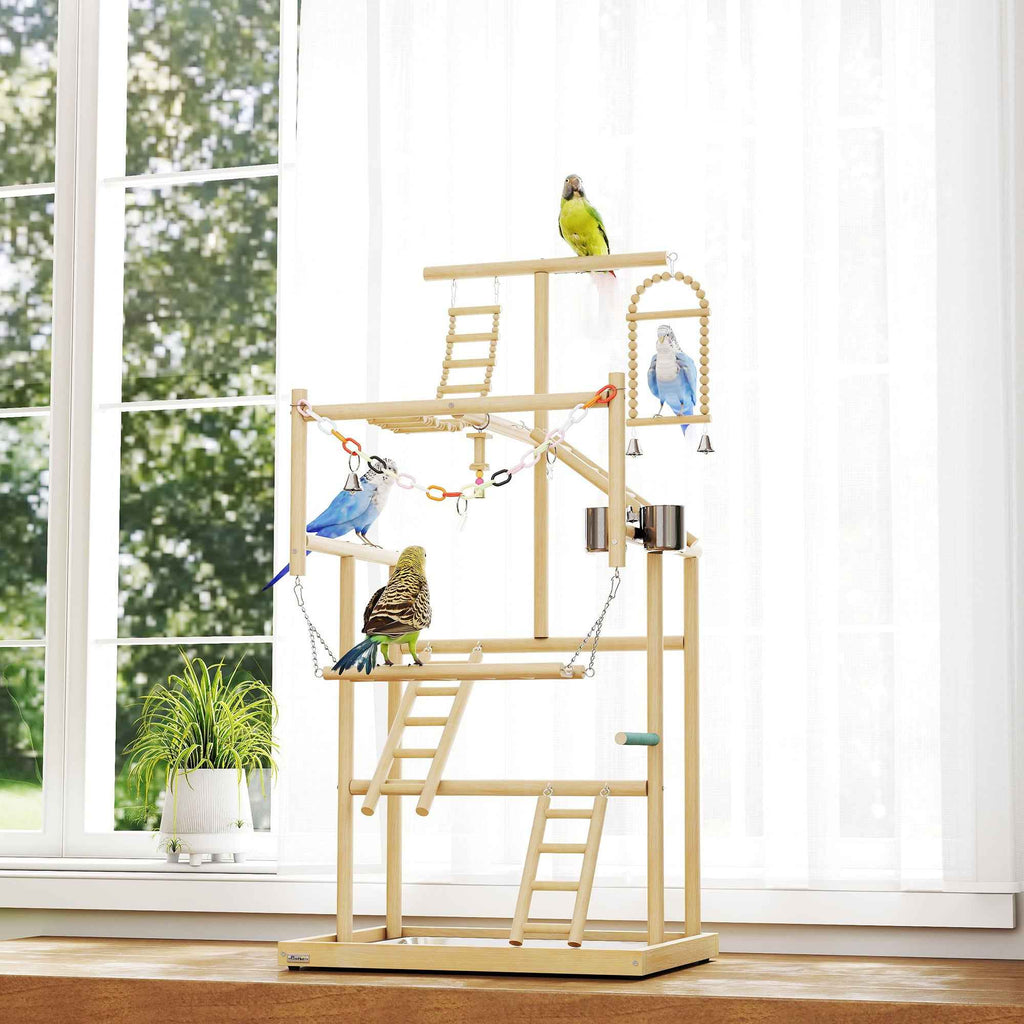PawHut Parrot Perch with Toys, Ladders, Chains, Bowls, Removable Tray and Perches, Natural Wood