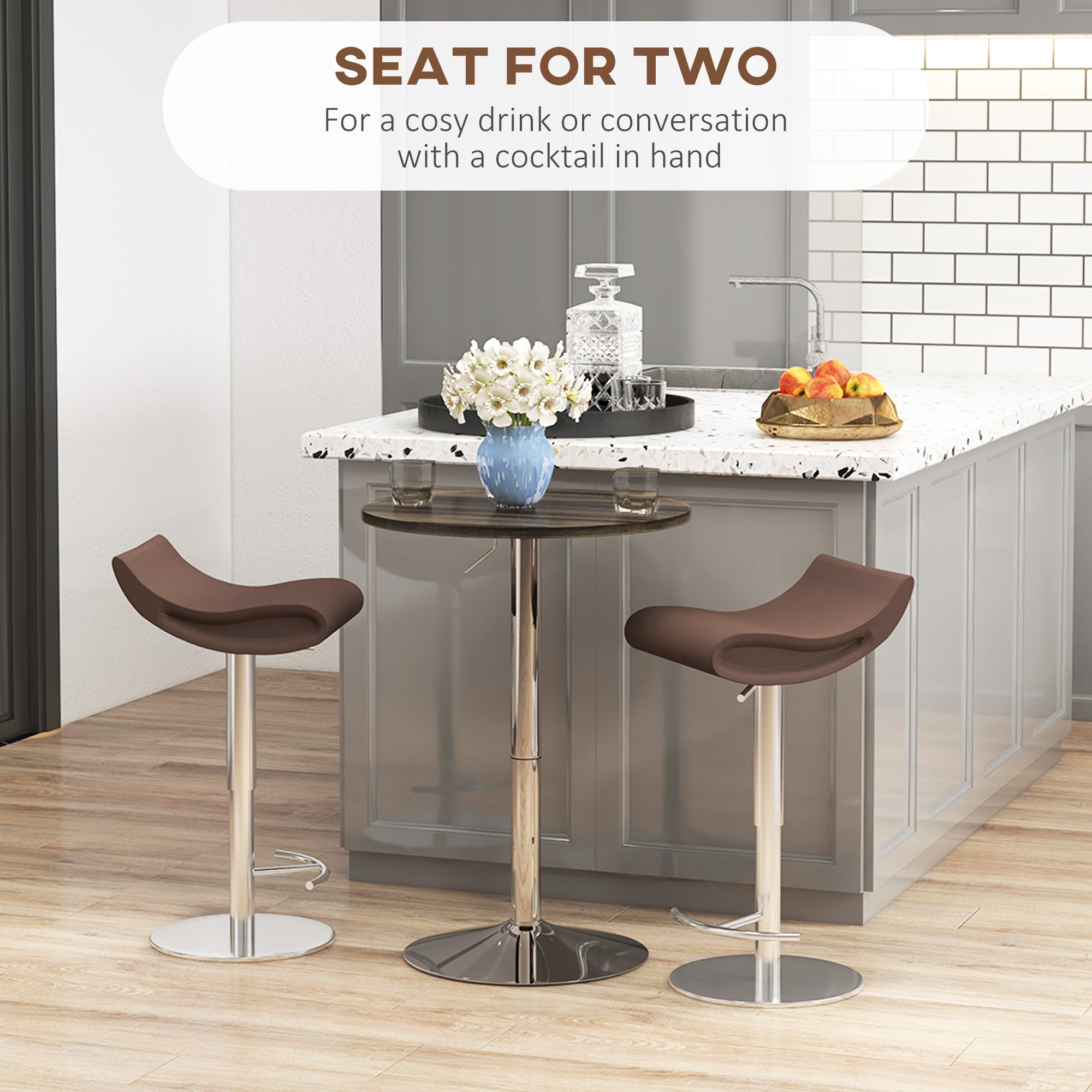 High Bar Table with Adjustable Height, Swivel Top and Steel Base, Ø60x69-91cm, Brown