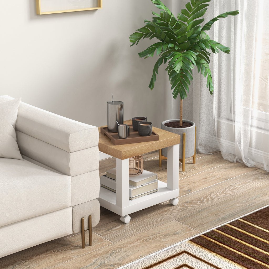 HOMCOM Coffee Table with Castors and Open Shelf, for Sofa, Bedroom or Living Room, 40x40x40 cm, Natural Wood and White